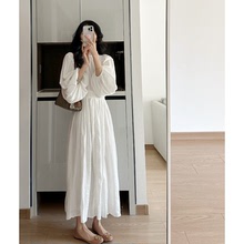 韩版温柔白色高级感法式复古浪漫度假韩系轻熟连衣裙简约气质长裙