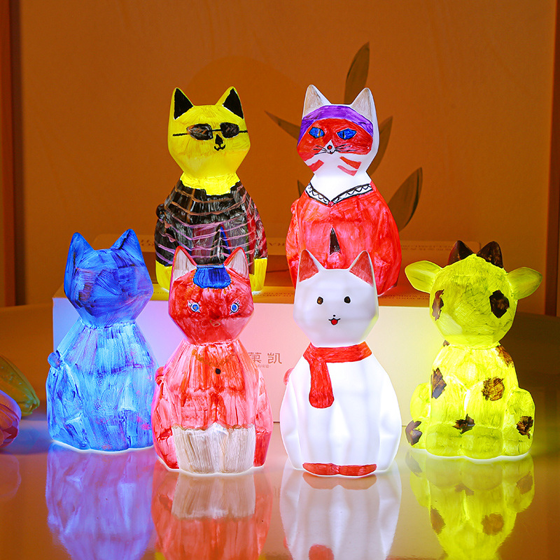跨境专供小猫动物涂鸦小夜灯亲子diy互动儿童手工创意灯节日礼品