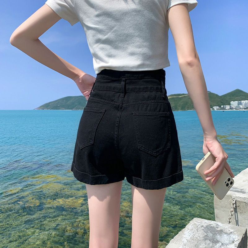블랙 슈퍼 하이 허리 데님 반바지 여성 여름 새로운 느슨한 슬리밍 와이드 레트로 컬링 A 자형 짧은 핫 조인트