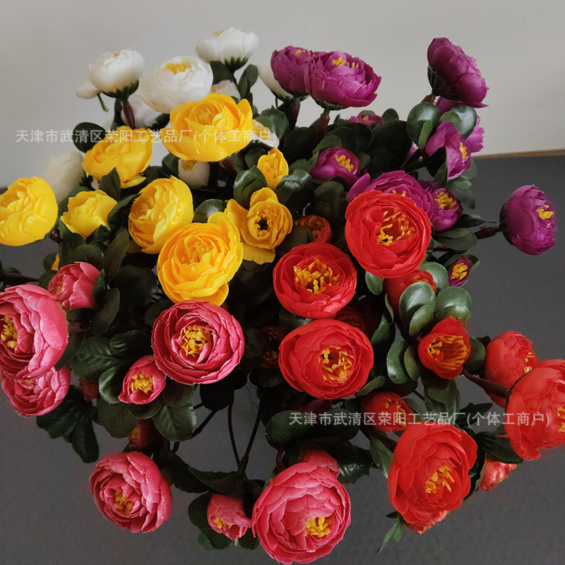 시뮬레이션된 18개의 작은 동백 꽃다발, 다중 꽃다발, 차 장미, 차 꽃봉오리, 시뮬레이션 꽃, 결혼식, 대외 무역 도매, 가정 장식