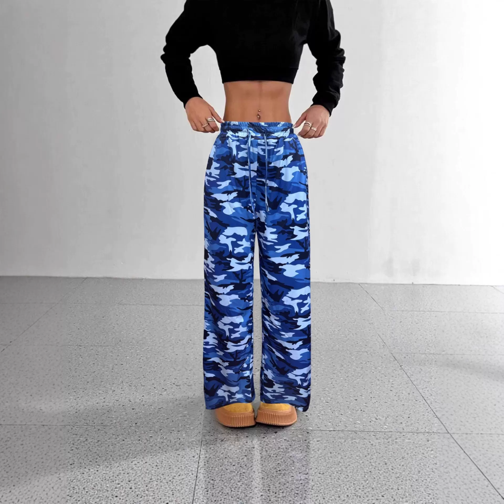 亚马逊欧美跨境美式迷彩印花高腰直筒卫裤，直筒休闲裤长裤