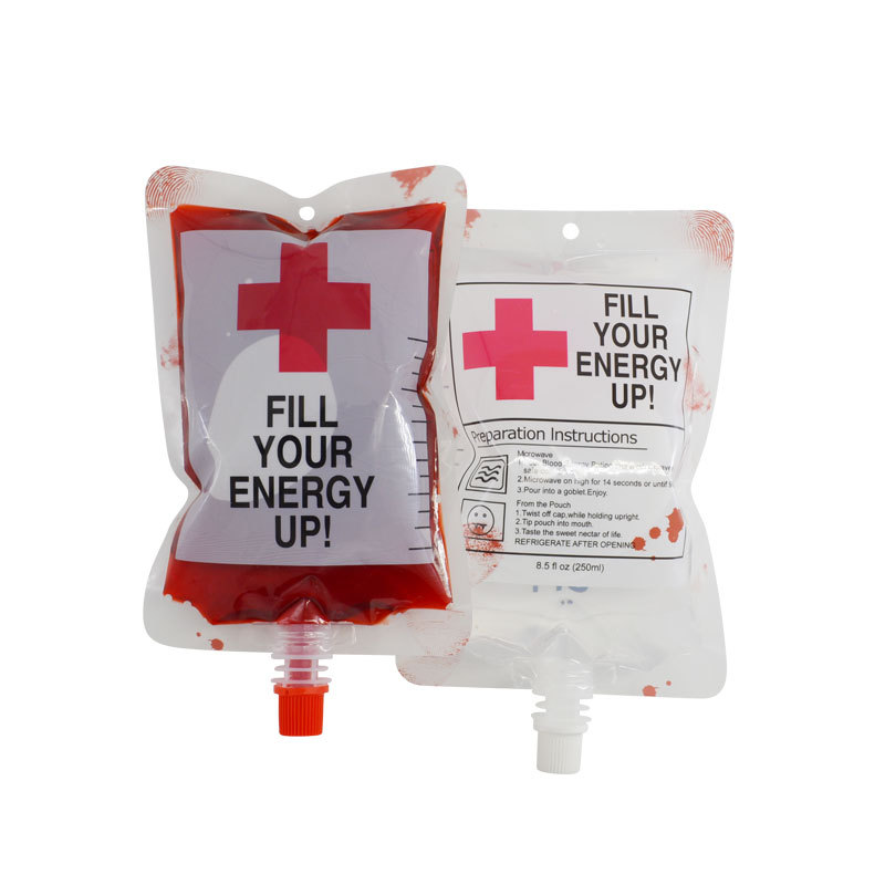 En stock 20 unids 250ml Halloween vampiro sangre boquilla bolsa plasma bebida bolsa de jugo