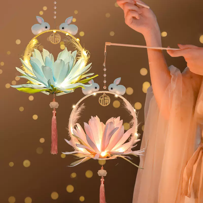 中秋古风儿童手提灯笼diy手工制作材料中式发光玉兔花灯