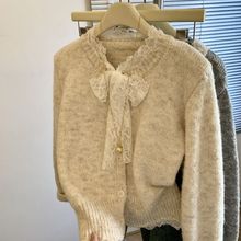 UNMUN温柔风蕾丝花边毛衣外套女秋冬新款甜美蝴蝶结针织衫杏色灰