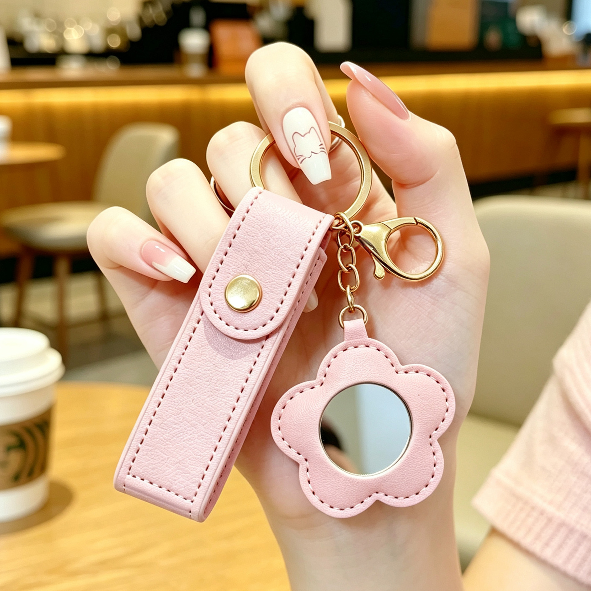 Niedlicher Sommer-Mini-INS-Schlüsselanhänger aus Leder mit Blumen-Spiegel, tragbares Auto-Schlüsselring-Taschen-Accessoire, Kreativität, Mädchen-Geschenk – Detail 8