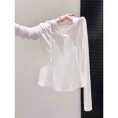 连帽白色长袖t恤女外穿2025早秋新款薄款修身显瘦软糯正肩小上衣
