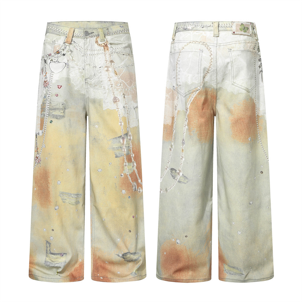 Erkek Punk Zincir 3D Dijital Baskılı Geniş Paça Kot Pantolon - Hipster Tarzı İçin Sokak Modası Eskitilmiş Yıkanmış Kot Pantolon_voghion.com