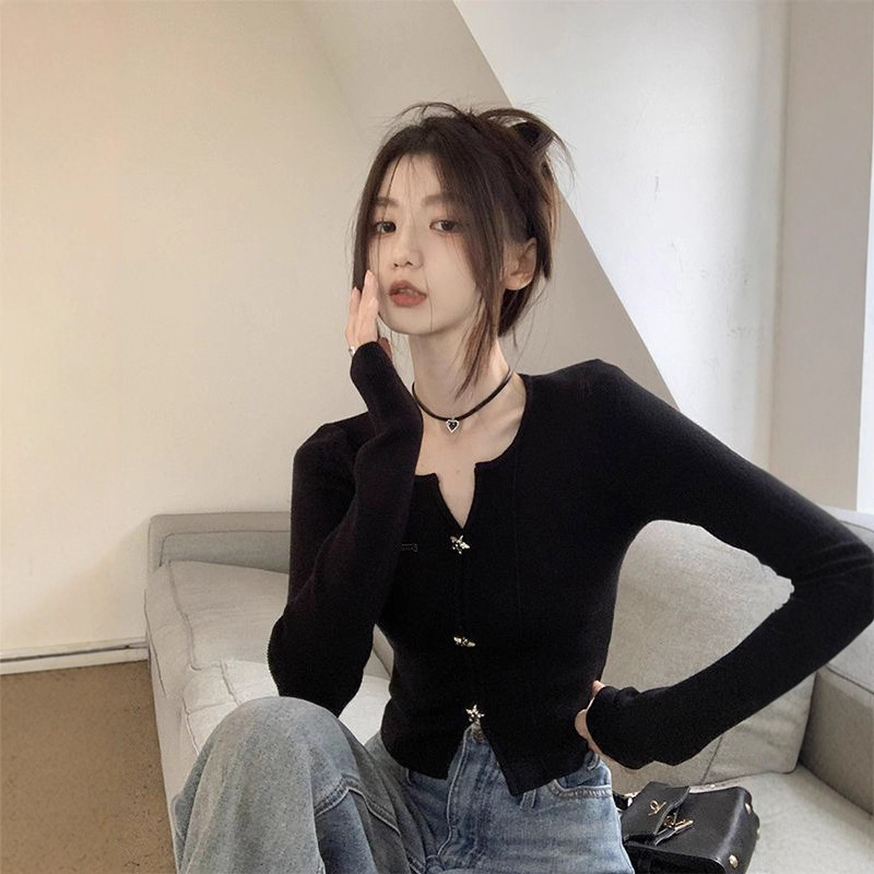 纯欲v领黑色打底衫女针织开衫2025春秋装新款辣妹上衣设计感小众|undefined