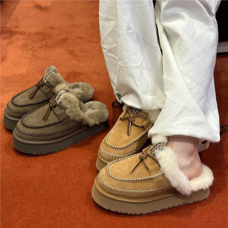 Cowhide Version ~ Thick-Soled Toe-Toe Furry Slippers for Women to Wear Outside, Fleece-Lined Warm Cotton Slippers, Casual Slip-On Snow Boots