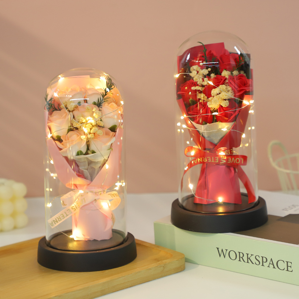 Decoración de cubierta de vidrio de flor eterna 7 ramos de rosas flores secas Día de la madre 520 Regalo de cumpleaños para novia y esposa