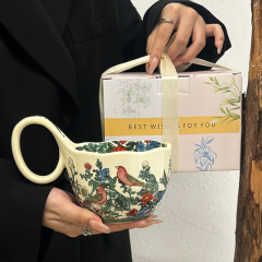 油画复古陶瓷马克杯高级感轻奢咖啡杯女生高颜值水杯大容量早餐杯