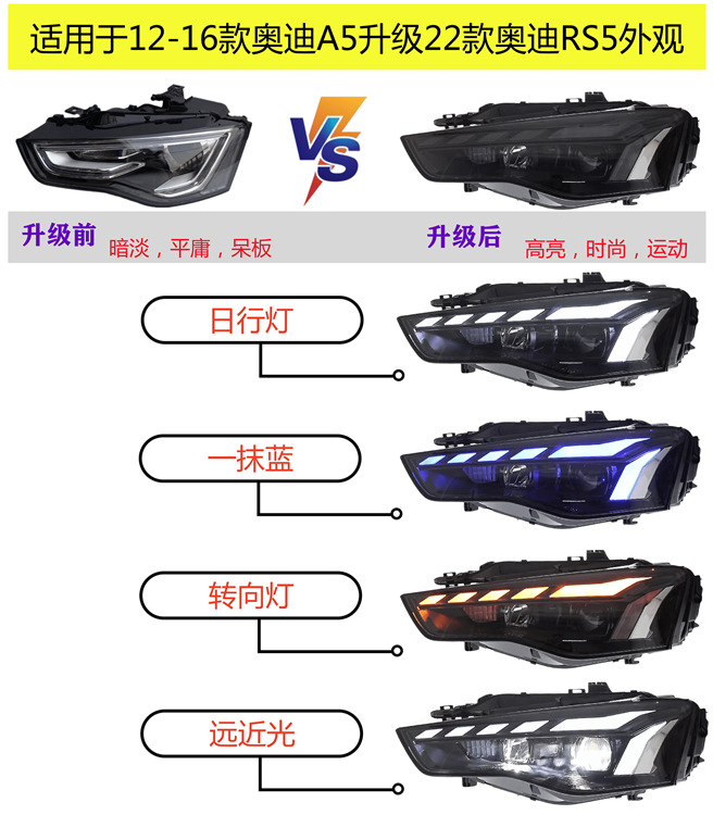 适用于奥迪A5大灯总成08-16改装升级LED透镜跑马日行灯流水转向灯