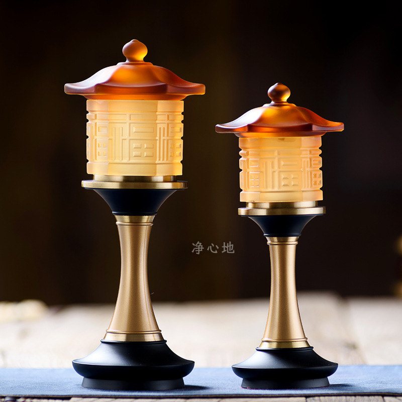 琉璃圣物 六面雕刻佛字/福字宫灯led财神供灯 铜佛灯佛堂长明