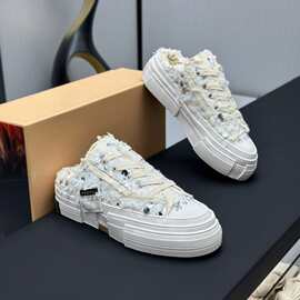 亮片毛边厚底时尚半拖女士帆布鞋学生日常休闲情侣乞丐鞋潮流百搭