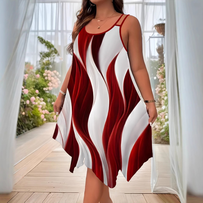 2025 Plus Size Cross-Border Summer European and American Fashion Double-Strap Hem Random Print Women's Dress for Elegant Commuting 2025 Plus Size Cross-Border Summer European and American Fashion Double-Strap Hem Random Print Women's Dress for Elegant Commuting
