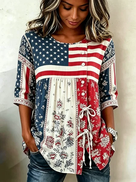 2026 Cross-Border Amazon Independent Site Women's New Style Shirt 3D Digital Printing Lace-Up Patchwork Round-Neck Shirt