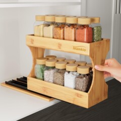 木の二重の雑品の整理棚の木製の家庭用調味料の物置棚のリビングルームの茶包のコーヒーバッグの収納棚