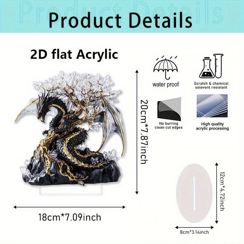 Cross-border home bedroom decorative art-style dragon-shaped flat acrylic statue with base for room decoration Cross-border home bedroom decorative art-style dragon-shaped flat acrylic statue with base for room decoration