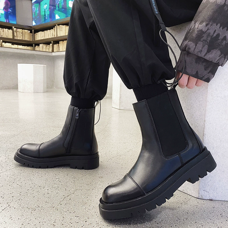 Британские корейские Ботинки Челси, Мужские осенне-зимние короткие ботинки на толстой подошве с молнией сбоку, подходящие ко всему черные повседневные Модные Ботинки Martin