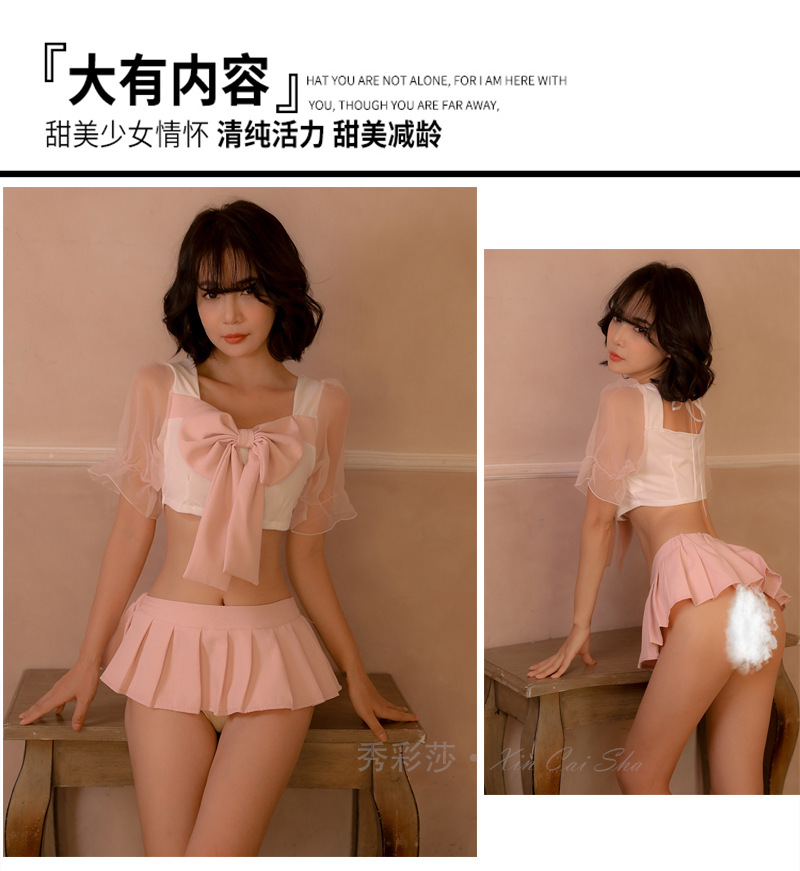 Sweet Student-Style Costume Set with Puff Sleeves and Pleated Bow Skirt, Pink One Size — detail image 5