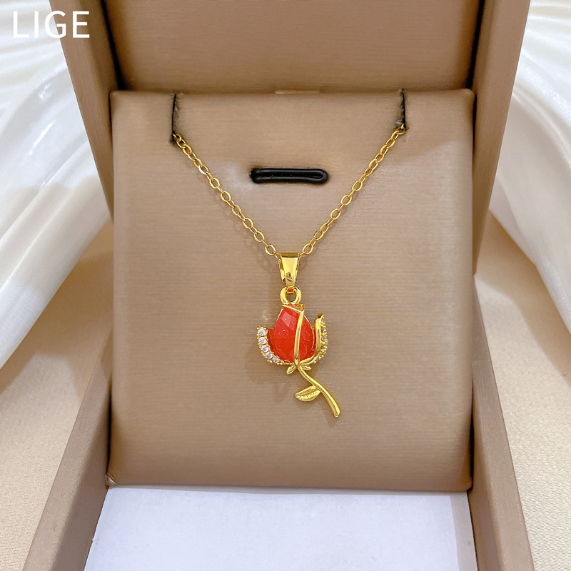Wunderschöne Rote Rosenhalskette Mit Strass Aus Edelstahl_voghion.com