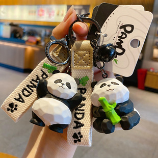 Original Wood Carving Style Panda Keychain Female Cute Couple Accessories Creative Resin Doll Key Chain School Bag Pendant