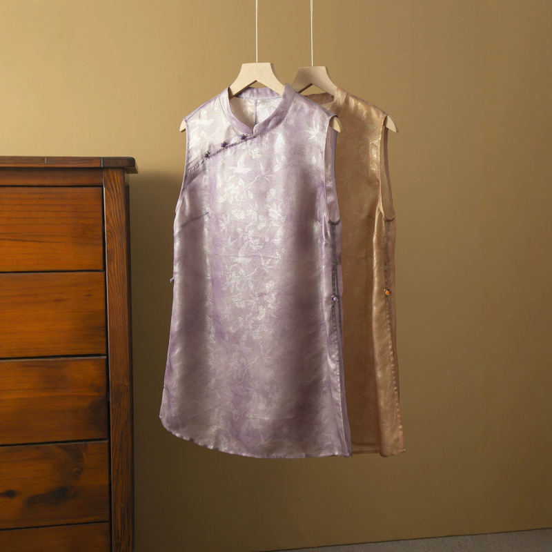 Silk T-Shirt with a Stand Collar, Mid-Length, New Chinese Style, Sleeveless, Made of Mulberry Silk, for Women, Summer Silk T-Shirt with a Stand Collar, Mid-Length, New Chinese Style, Sleeveless, Made of Mulberry Silk, for Women, Summer
