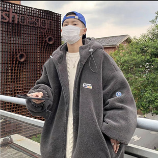 Cotton-padded jacket Men's Winter Lamb Wool Hooded Coat Trendy Brand fleece-lined Thickened Youth Loose Cotton-padded Clothes Design Top