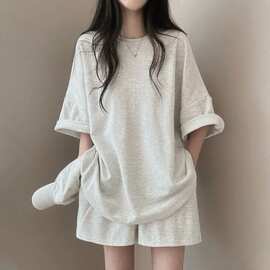 clothing外贸100%纯棉韩版夏季短袖T恤中长款套装女运动休闲短裤