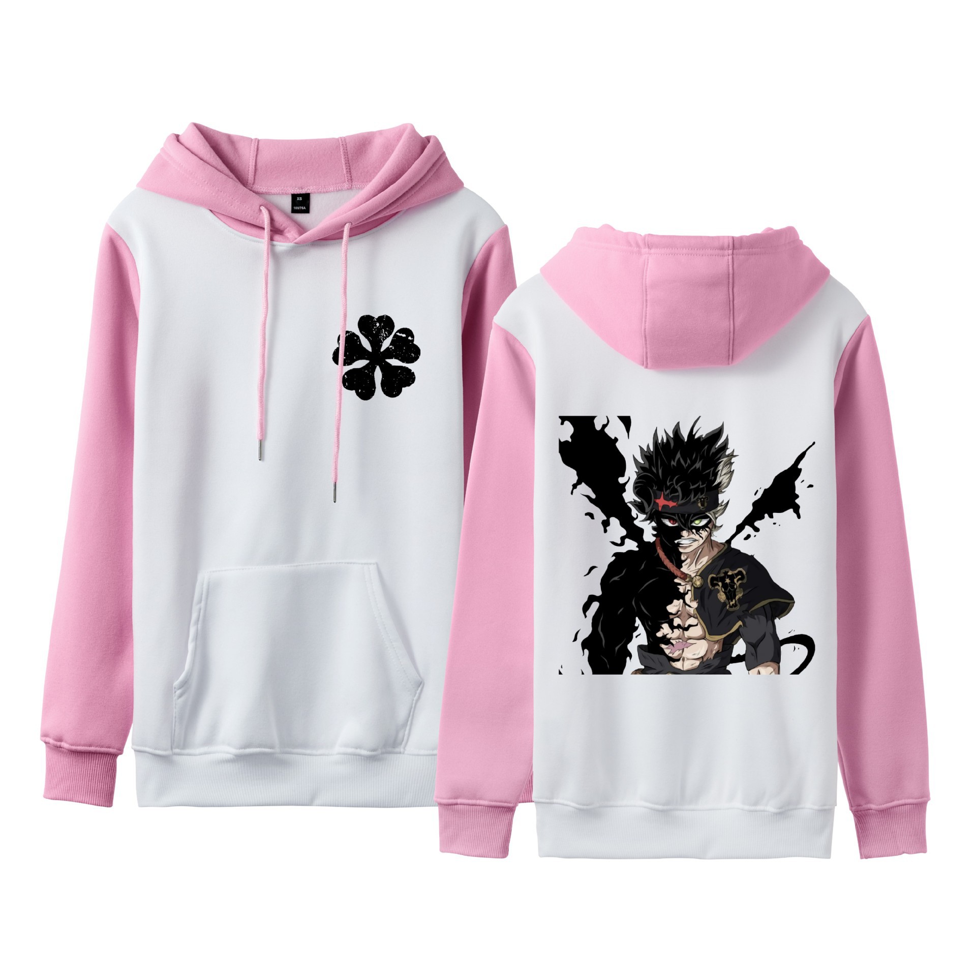 Trébol de cuatro hojas negro Black Clover suéter de pareja de talla grande para hombres y mujeres sudadera con capucha de contraste con capucha