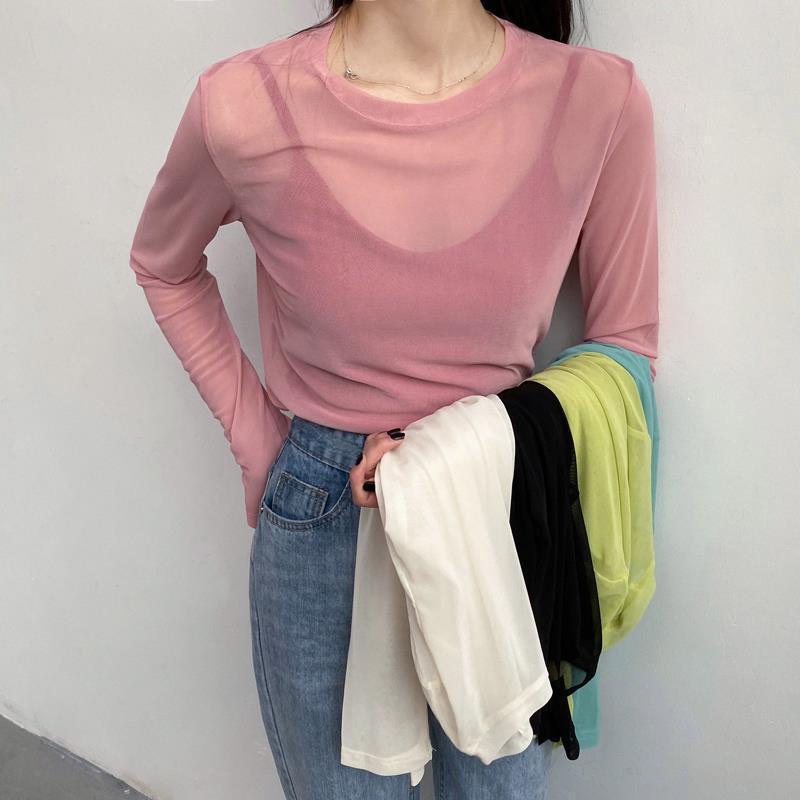 Thin Long-sleeved Sun-protective Shirt Women's 2025 Summer New Ins Hyun-style Mesh Base-layer Shirt Women's Ice Silk Inner T-shirt