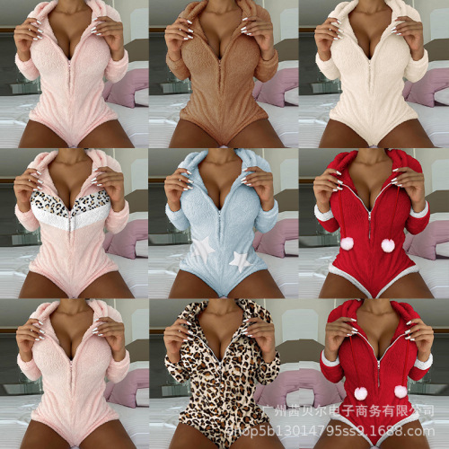 LZS0529C Series—New European and American Style Zipper Christmas Suede Leopard-Print Color-Block Hooded Jumpsuit