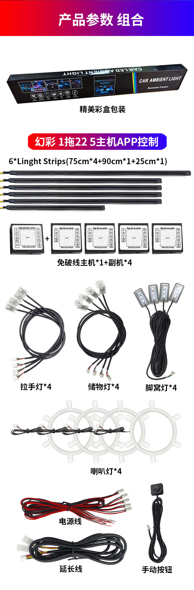 Car Ambient Light, Central Control Door Atmosphere Light, Led Voice-Activated Foot Light, Colorful Flowing Light, Full Car Decorative Light for Vehicles