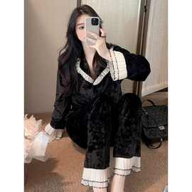 韩式纯欲性感黑色金丝绒睡衣女春秋季新款高级感甜美可外穿家居服