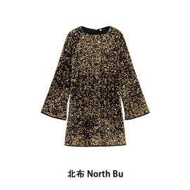 欧美工坊 外贸女装新款 ZA时尚气质亮片圆领长袖连衣裙 1204941