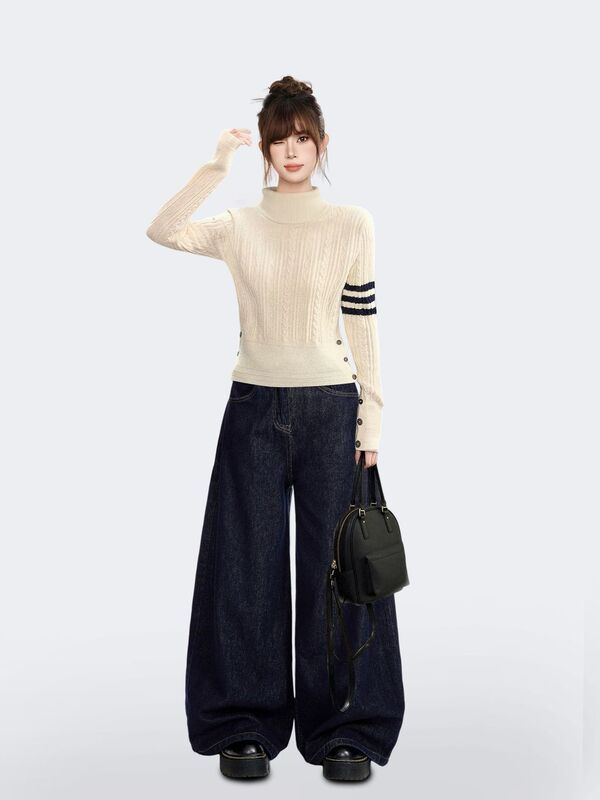 White high-neck striped sweater is a stunning winter layering piece, a short slim-fit knit top for women White high-neck striped sweater is a stunning winter layering piece, a short slim-fit knit top for women