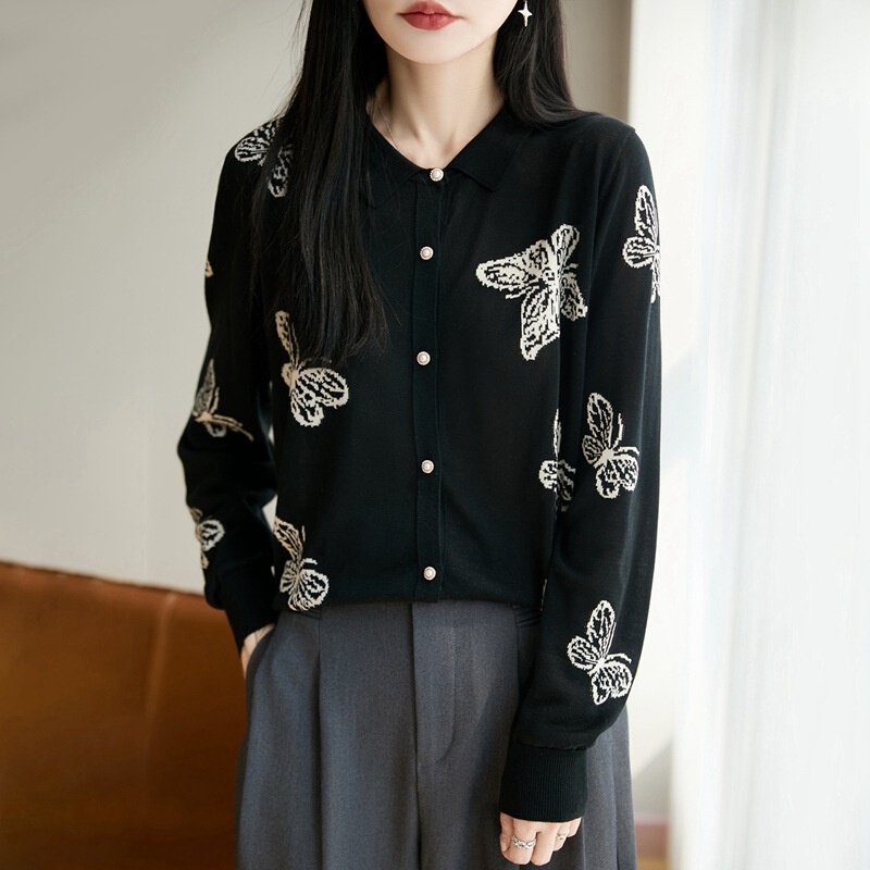 Early autumn women's POLO collar color-blocked fine wool cardigan with butterfly jacquard knit, long-sleeved loose-fit sweater jacket