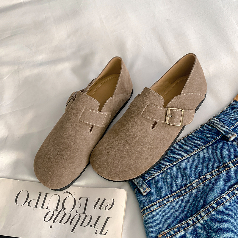 Versión de piel de oveja de la uva de otoño nuevo fieltro fondo plano gran cabeza redonda Bocken zapatos de cuero único de mujer