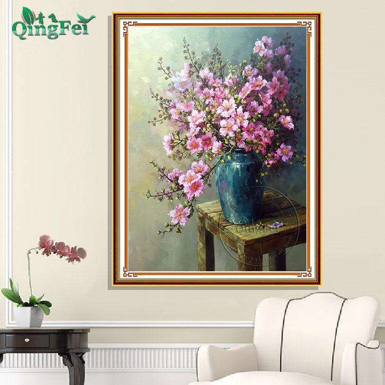 青飞精准印布美丽花瓶十字绣植物花卉客厅挂画美丽绽放鲜花花朵画