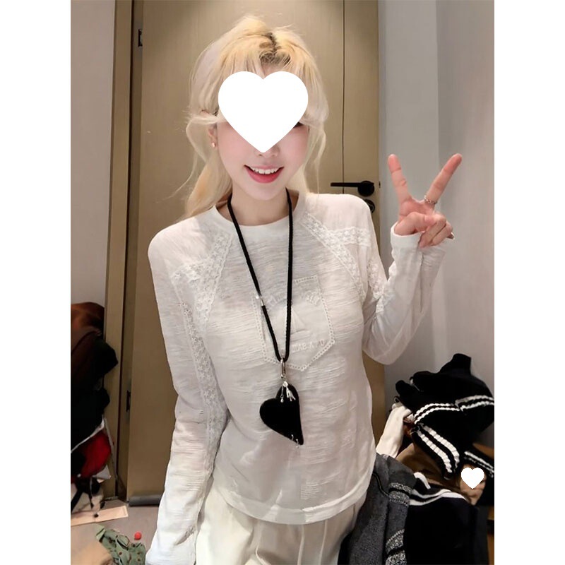 Morning Collar [Original Quality] [Jacquard Fabric] Spliced Lace Sailboat Embroidery Long Sleeve T-Shirt Round Neck Slim Fit