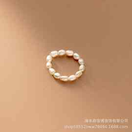 跨境速卖通s925纯银珍珠戒指女不规则珍珠弹力绳串珠戒指 批发
