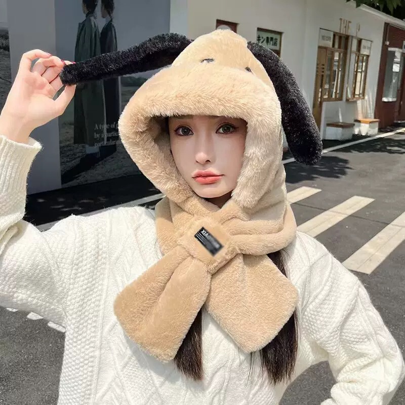 新款防风保暖帽可爱小狗帽子围巾两件套女冬季百搭围脖连帽加绒加|undefined