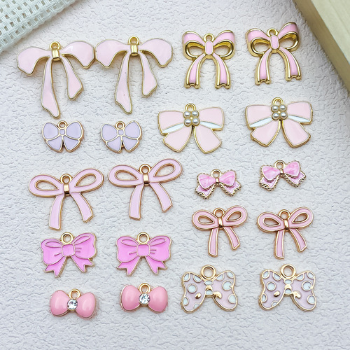 Pink Oil Alloy Butterfly Bow Tie Necklace DIY Accessories Pendant Earrings Keychain Hook Charm Sweet Necklace