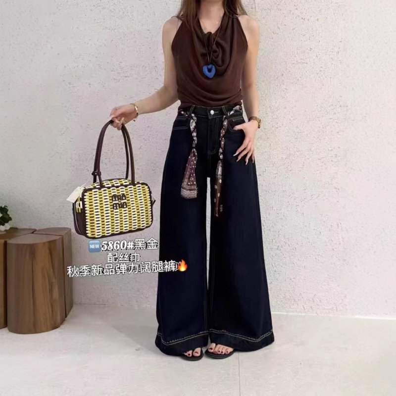 5860秋季新款高弹韩版时尚高腰显瘦丝巾款阔腿牛仔裤女宽松阔腿裤|undefined