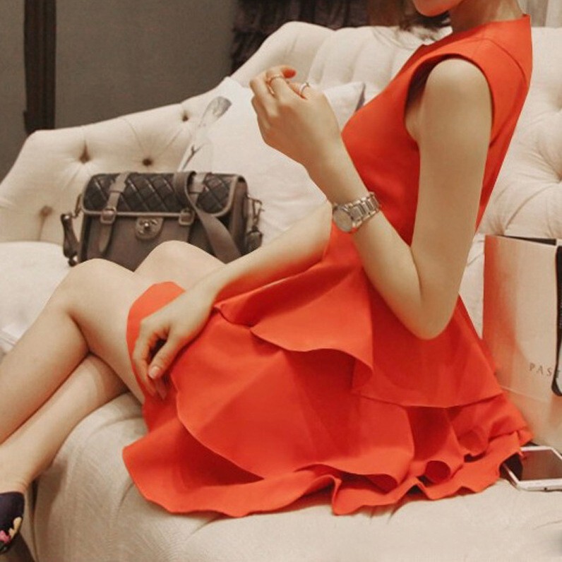 Celebrity-Inspired 2026 New Women's Summer Dress, Elegant Slim-Fit Orange Sleeveless Dress, Chanel-Style Large Hem Tiered Dress