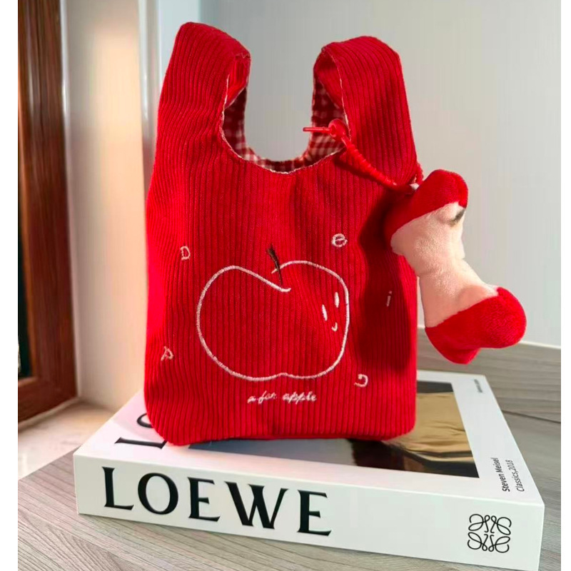 Red Corduroy Apple Tote Bag, Japanese-Style Versatile Wrist Bag for Commuting, Cute and Simple Handbag, Lunch Bag