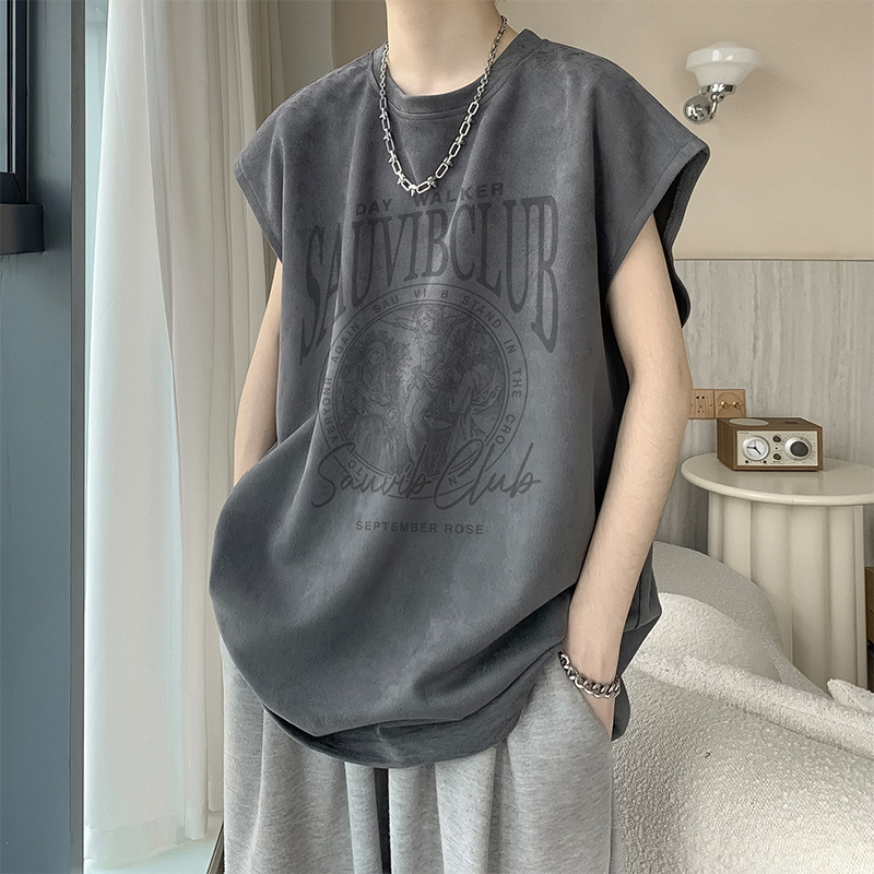 American-style Suede Printed Sleeveless T-shirt Men's Summer Trendy Brand High Street Waistcoat Loose Retro Sports Vest