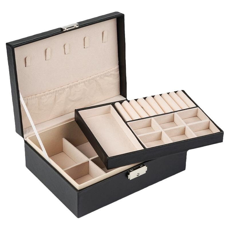 Caja de joyería de gran capacidad doble capa con cerradura organizador creativo para anillos pendientes y collares