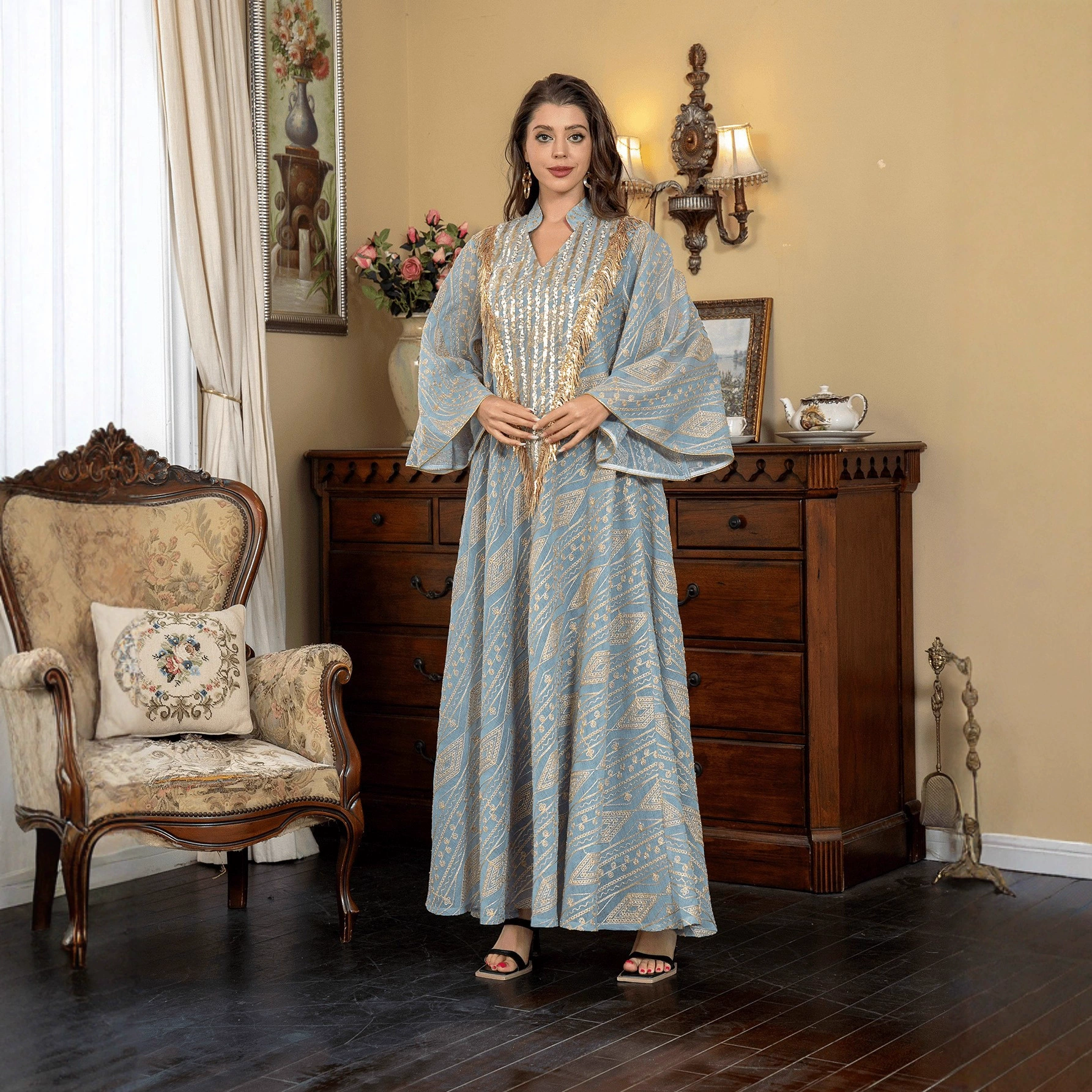 Популярное на Amazon мусульманское платье-роба с сеткой и пайетками, арабское платье-абайя из Дубая.