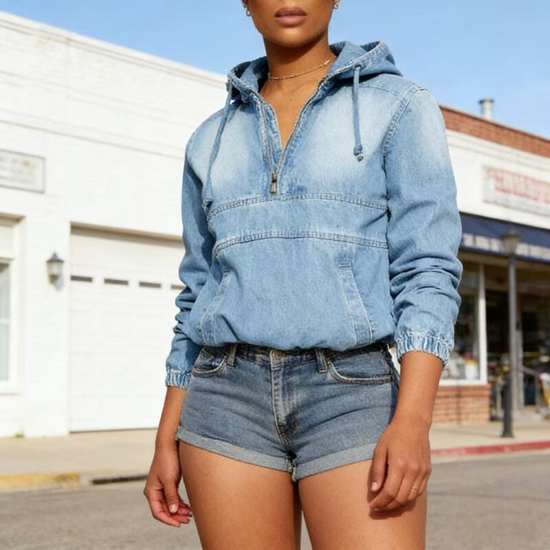 Sc Cross-Border Foreign Trade Tk Women's Denim Washed Denim Hooded Bomber Jacket for Sports and Fitness All Seasons